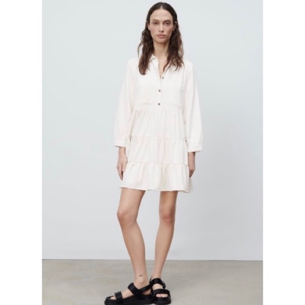 Zara Women’s Long Sleeve Tiered Button Down Mini Shirt Dress, Cream Size Small